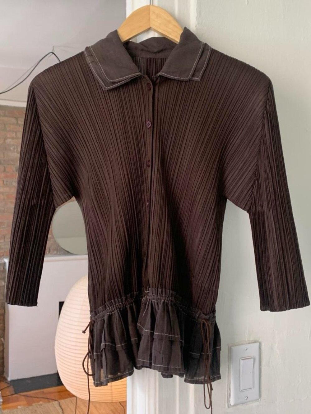 Issey Miyake Pleats Please Cotton Ruffle Button Up Brown JP4